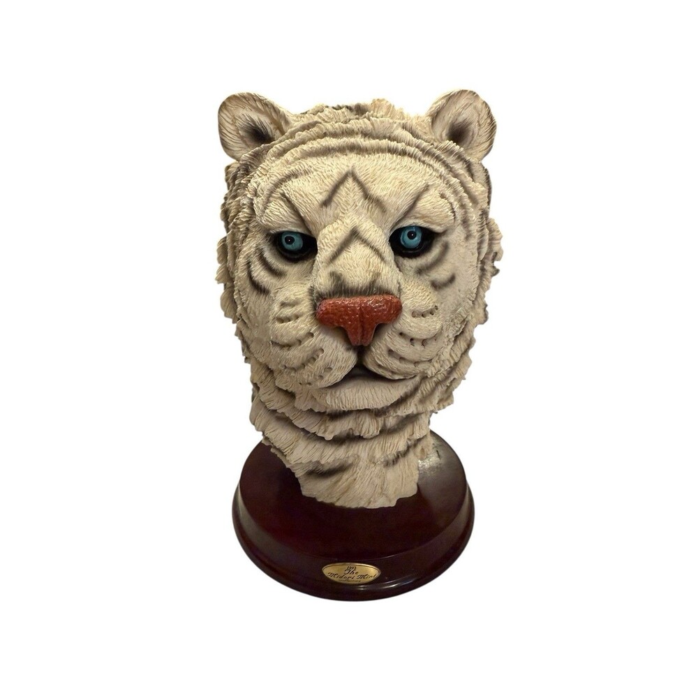 1993 Midori Mint Collectiion White Tiger head Resin Figurine Wood Base